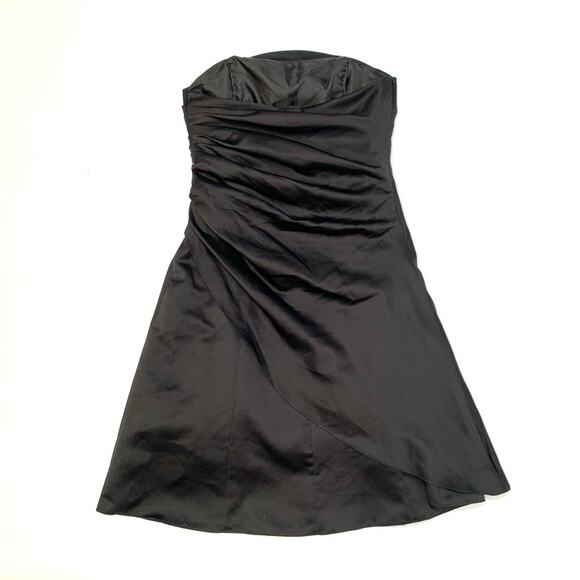 Black Ruched Wrap Over Strapless Midi A Line Dresd - Picture 8 of 11
